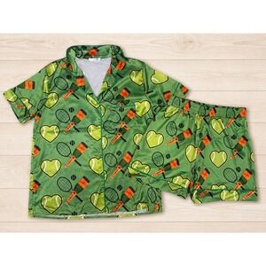 Sheshow Women's Tennis Champange PJ's Green Satin Button Up Shorts Size Medium